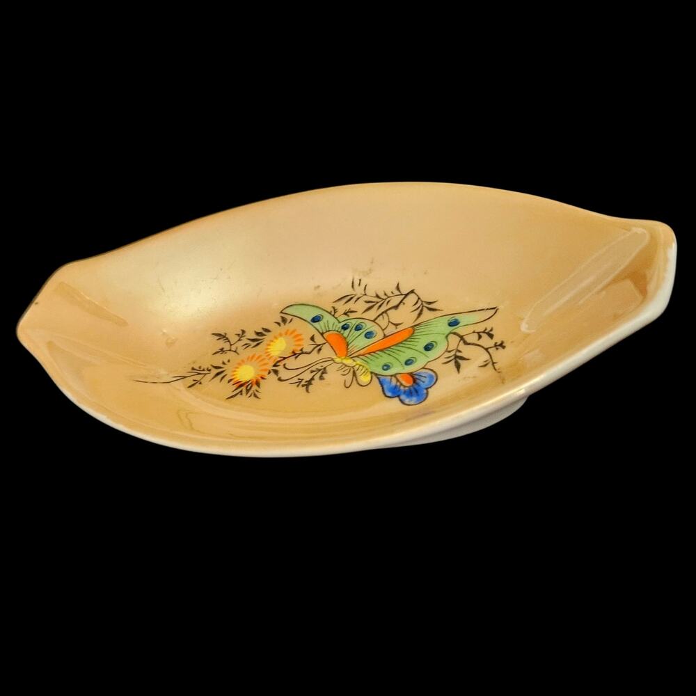 Vintage Made in Japan Lusterware Oval Butterfly Floral Trinket Dish